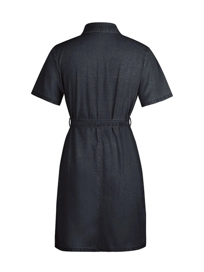 Full Size Zip Front Short Sleeve Denim Dress Plus Size. - Maison Novaire #
