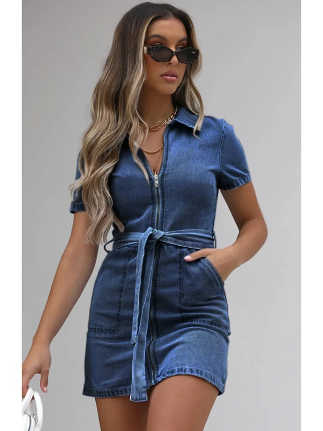 Full Size Zip Front Short Sleeve Denim Dress Plus Size. - Maison Novaire #