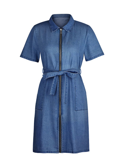 Full Size Zip Front Short Sleeve Denim Dress Plus Size. - Maison Novaire #