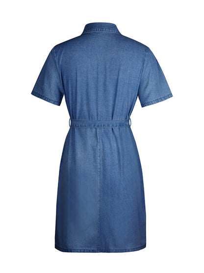 Full Size Zip Front Short Sleeve Denim Dress Plus Size. - Maison Novaire #