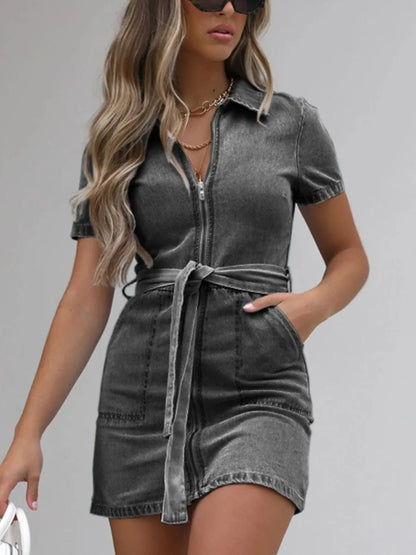 Full Size Zip Front Short Sleeve Denim Dress Plus Size. - Maison Novaire #