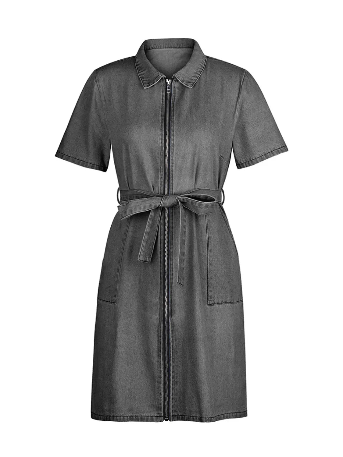 Full Size Zip Front Short Sleeve Denim Dress Plus Size. - Maison Novaire #