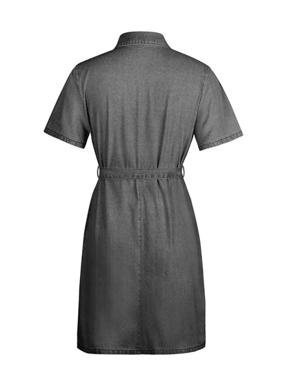 Full Size Zip Front Short Sleeve Denim Dress Plus Size. - Maison Novaire #