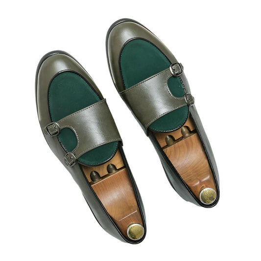 Green Shallow Loafers Double Buckle &nbsp;Men Fashion Shoes. - Maison Novaire