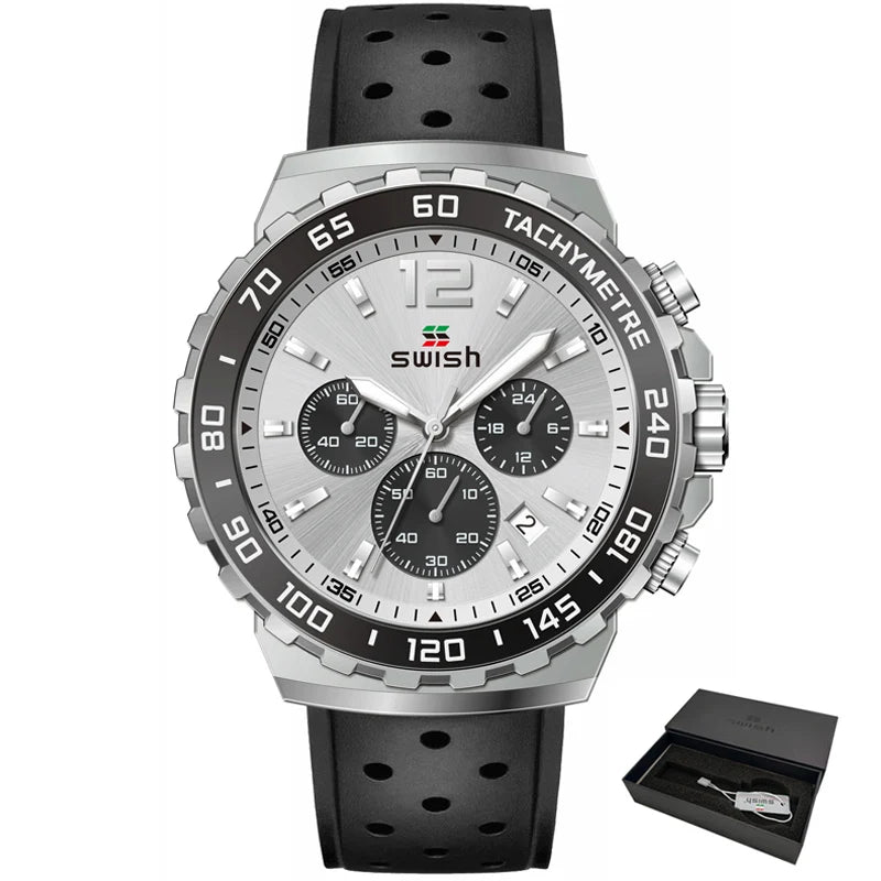 Sport Quartz Men Watch Silver Dial Chronograph Date