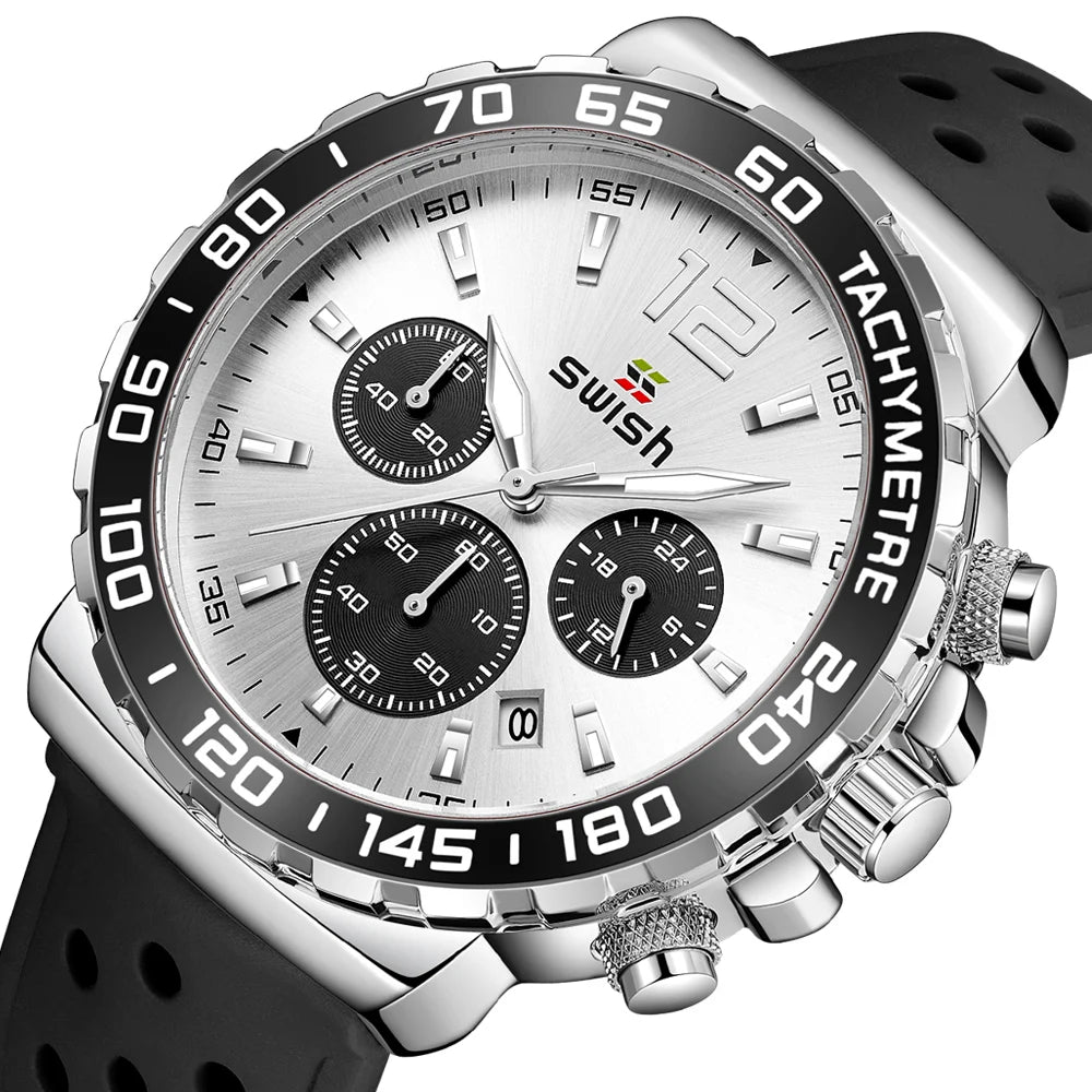 Sport Quartz Men Watch Silver Dial Chronograph Date