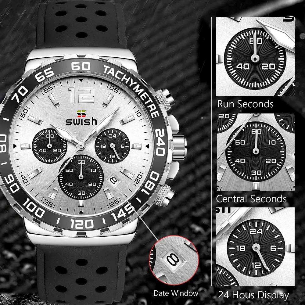 Sport Quartz Men Watch Silver Dial Chronograph Date