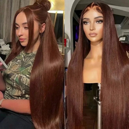 Swiss Lace 36” Chocolate Brown HD Bone Straight Wig - Maison Novaire