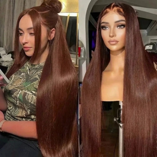 Swiss Lace 36” Chocolate Brown HD Bone Straight Wig - Maison Novaire