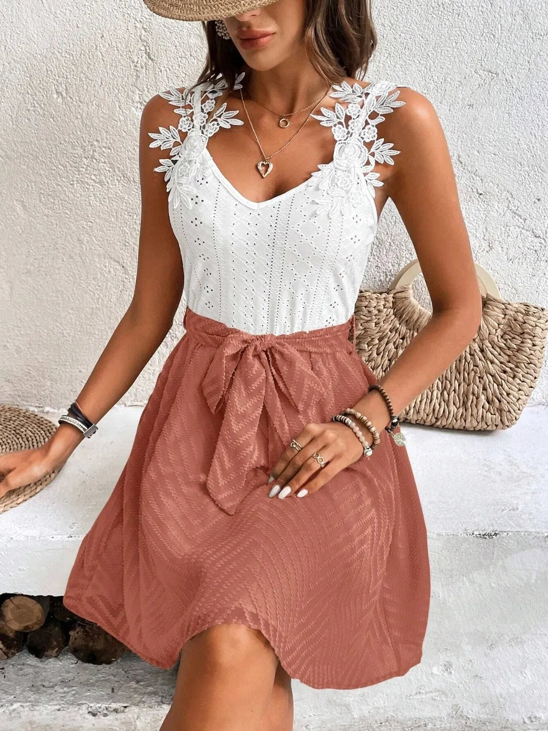 Lace Detail Tie Waist Mini Cami Dress - Maison Novaire #