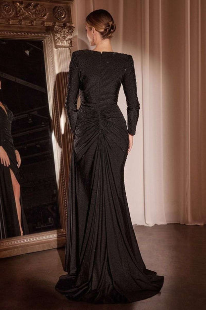 Long Sleeve Satin Gown | Embellished Stretch Formal | Maison Novaire - Maison Novaire #