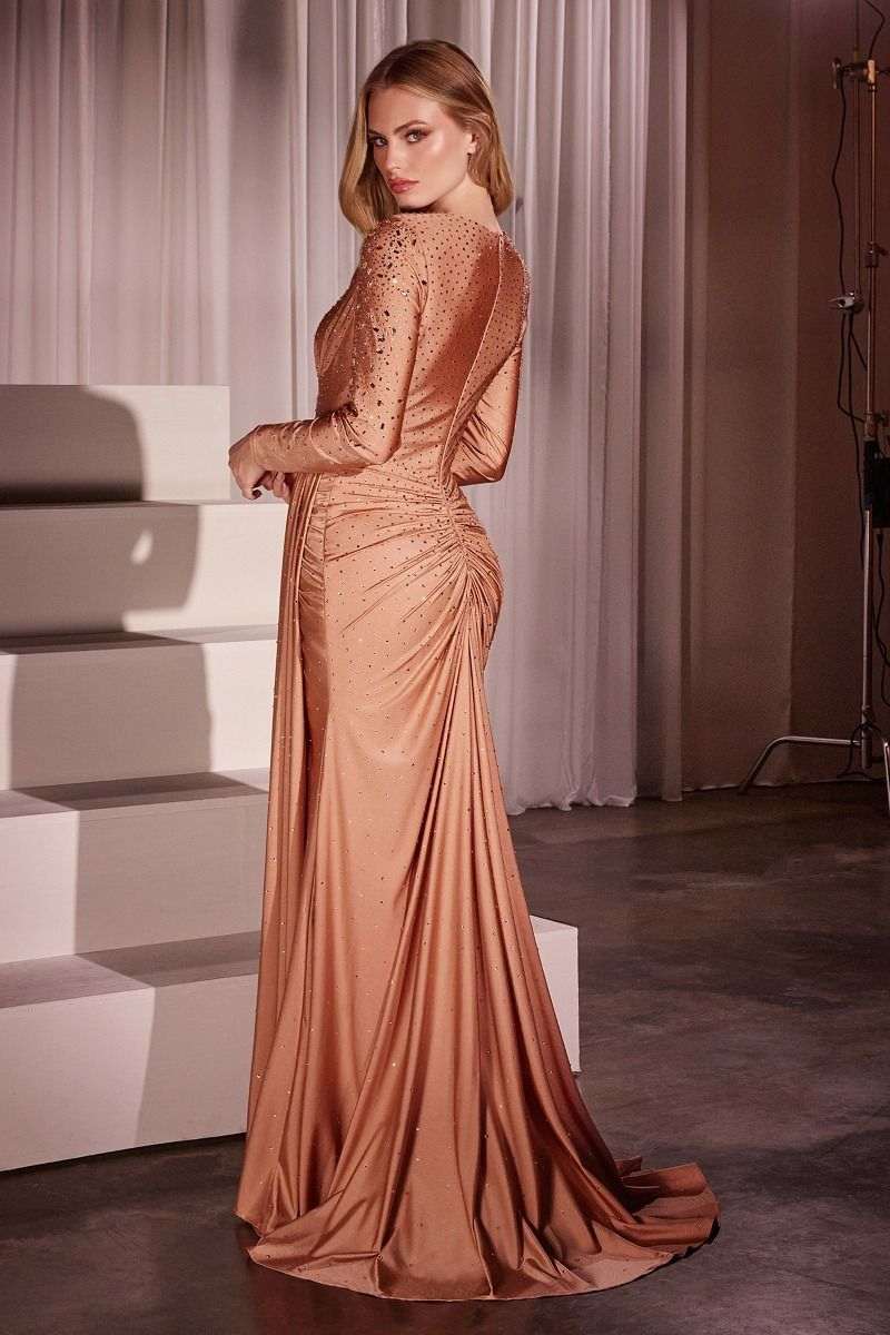 Long Sleeve Satin Gown | Embellished Stretch Formal | Maison Novaire - Maison Novaire #