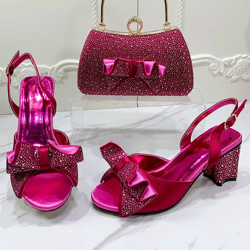 Luxury Round Toe Bow tie Party Shoes and Bag Set - Maison Novaire #