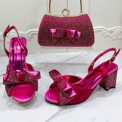 Luxury Round Toe Bow tie Party Shoes and Bag Set - Maison Novaire #