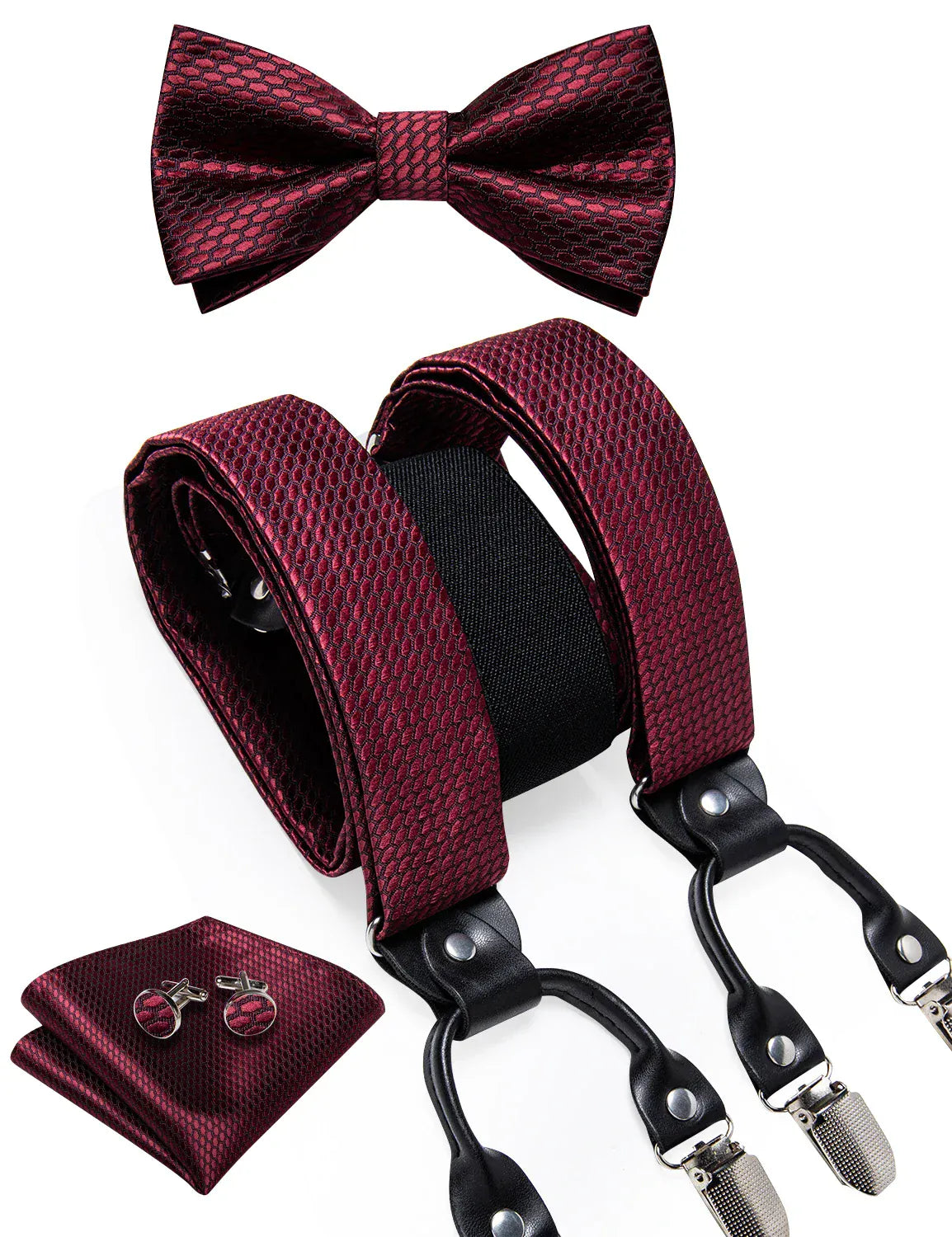 Men’s Silk Suspenders Bow Tie & Pocket Square Set | Classic Formal Accessory Kit for Wedding Tuxedo Business Party - BLAKESTORE-NG