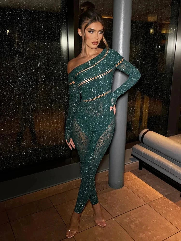 Off Shoulder Rhinestones Stretch Long Sleeve Jumpsuits. - BLAKESTORE-NG