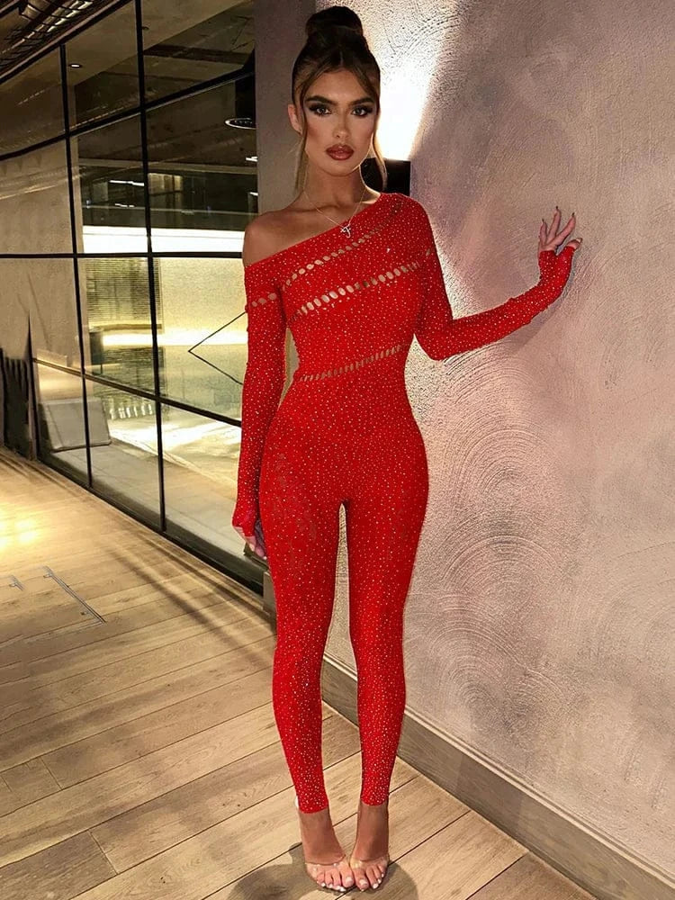 Off Shoulder Rhinestones Stretch Long Sleeve Jumpsuits. - BLAKESTORE-NG