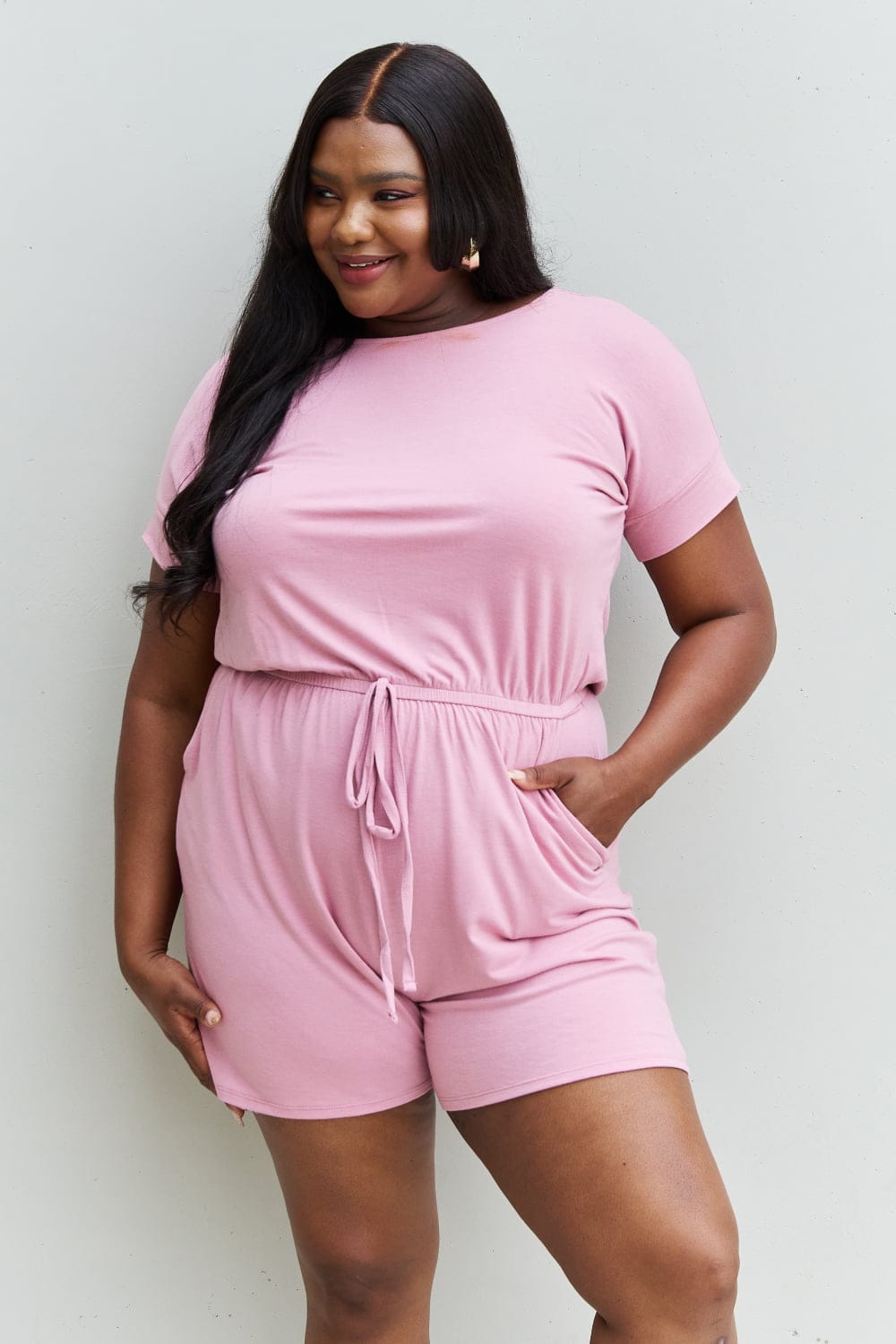 Pink Full Size Short Sleeve Romper in Light Carnation. - Maison Novaire #