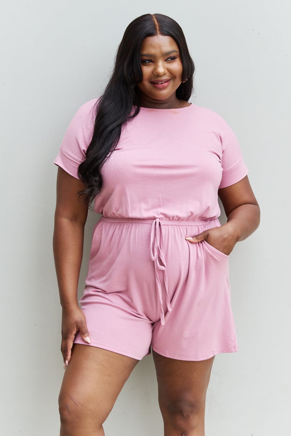 Pink Full Size Short Sleeve Romper in Light Carnation. - Maison Novaire #