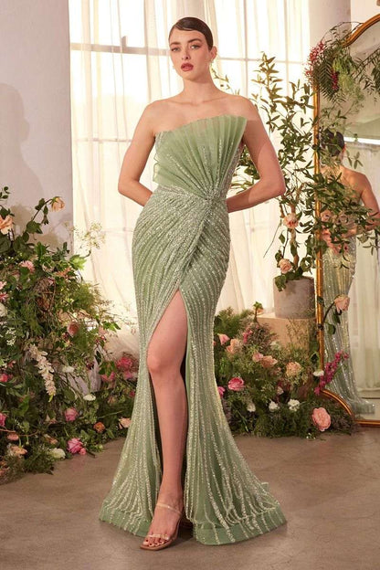 Pleated Fan Pearl Gown – Strapless Fitted Elegance - Maison Novaire #