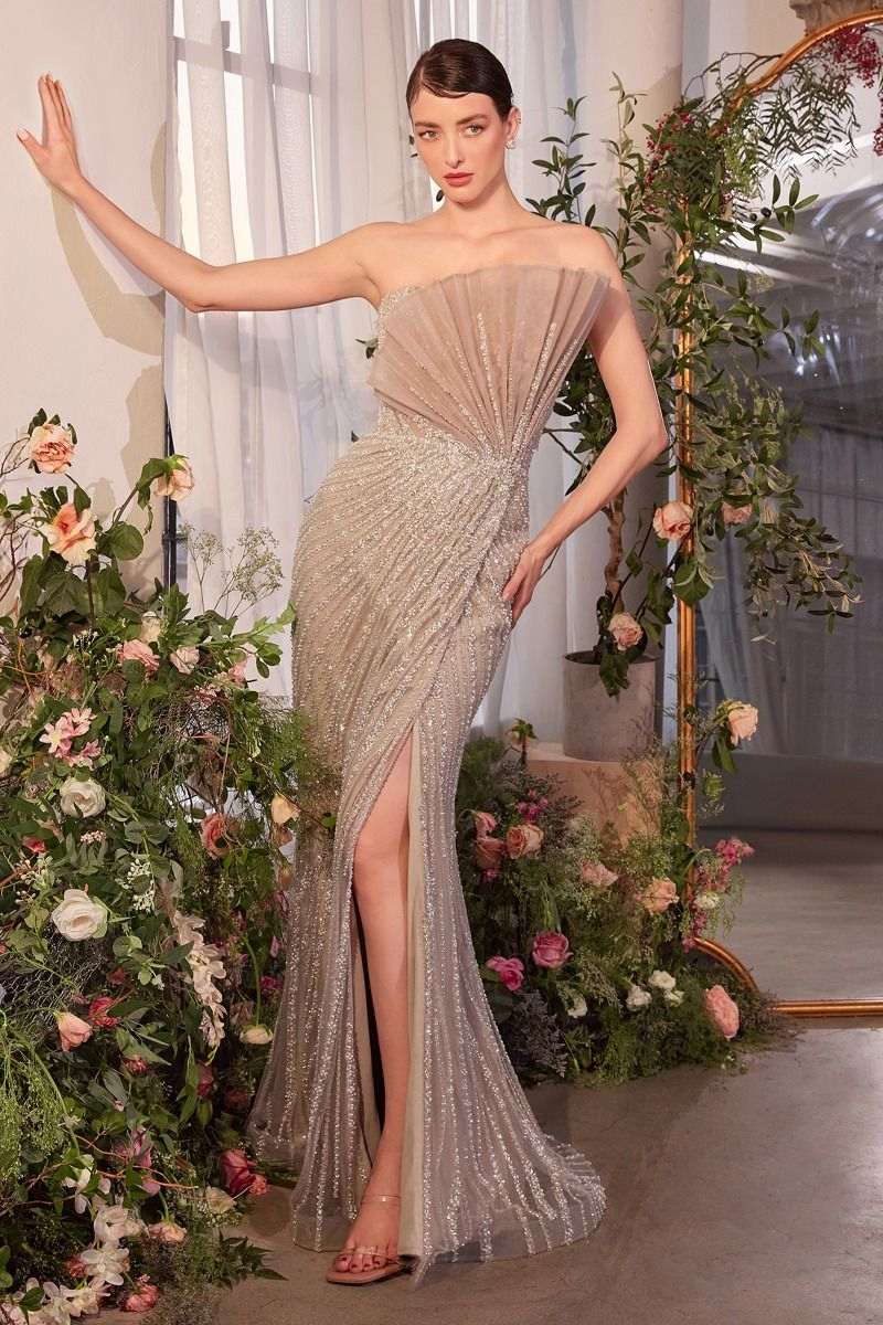 Pleated Fan Pearl Gown – Strapless Fitted Elegance - Maison Novaire #