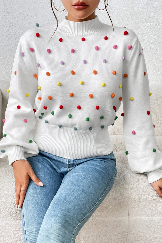 Pom-Pom Trim Mock Neck Long Sleeve Pullover Sweater. - Maison Novaire
