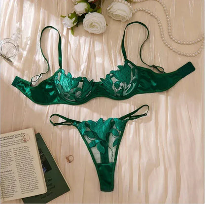 Product Page: Toucheart Embroidery Lace Push-Up Bra Set | Sexy Transparent Thin Lingerie for Women with Erotic Briefs Kit - Maison Novaire #