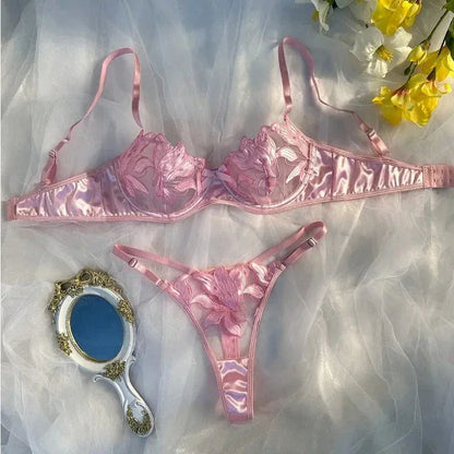 Product Page: Toucheart Embroidery Lace Push-Up Bra Set | Sexy Transparent Thin Lingerie for Women with Erotic Briefs Kit - Maison Novaire #