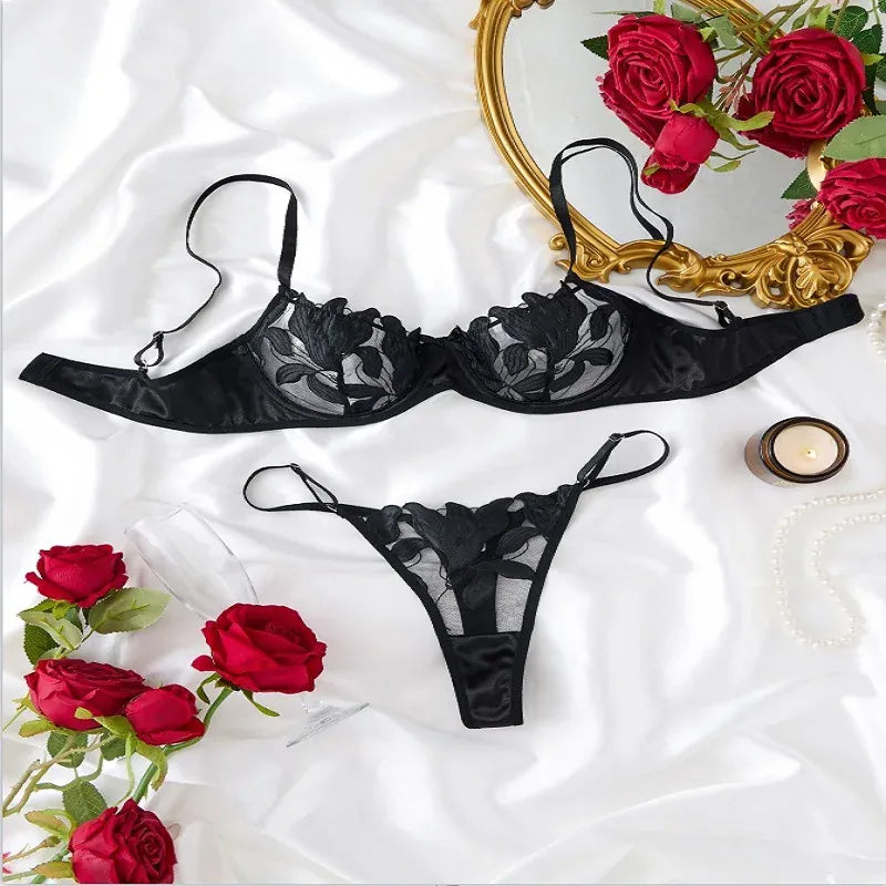 Product Page: Toucheart Embroidery Lace Push-Up Bra Set | Sexy Transparent Thin Lingerie for Women with Erotic Briefs Kit - Maison Novaire #