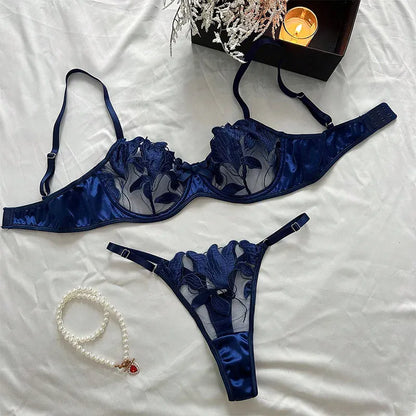 Product Page: Toucheart Embroidery Lace Push-Up Bra Set | Sexy Transparent Thin Lingerie for Women with Erotic Briefs Kit - Maison Novaire #