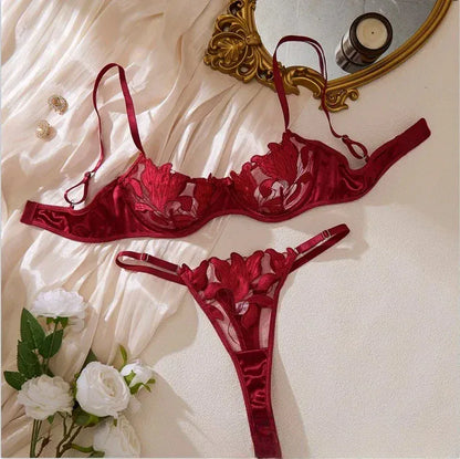 Product Page: Toucheart Embroidery Lace Push-Up Bra Set | Sexy Transparent Thin Lingerie for Women with Erotic Briefs Kit - Maison Novaire #