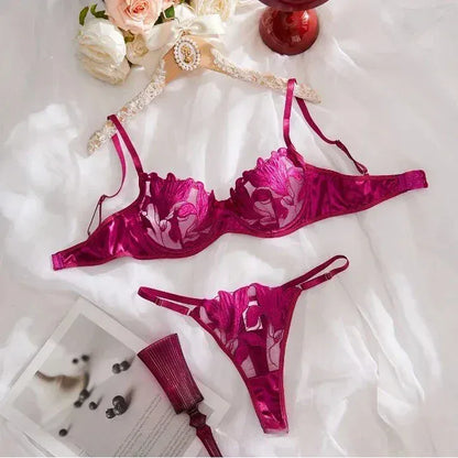 Product Page: Toucheart Embroidery Lace Push-Up Bra Set | Sexy Transparent Thin Lingerie for Women with Erotic Briefs Kit - Maison Novaire #