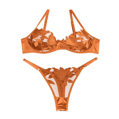 Product Page: Toucheart Embroidery Lace Push-Up Bra Set | Sexy Transparent Thin Lingerie for Women with Erotic Briefs Kit - Maison Novaire #