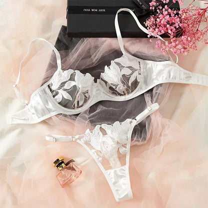 Product Page: Toucheart Embroidery Lace Push-Up Bra Set | Sexy Transparent Thin Lingerie for Women with Erotic Briefs Kit - Maison Novaire #