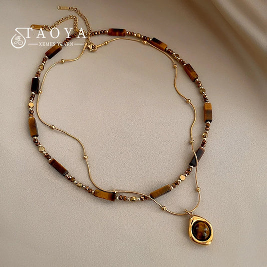 Retro Temperament Layered Tiger Eye Stone Pendant Necklace. - Maison Novaire