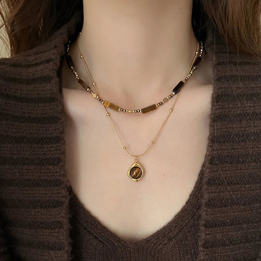 Retro Temperament Layered Tiger Eye Stone Pendant Necklace. - Maison Novaire
