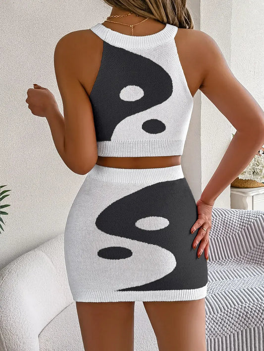 Round Neck Sleeveless Top and Skirt Knit Set - Maison Novaire