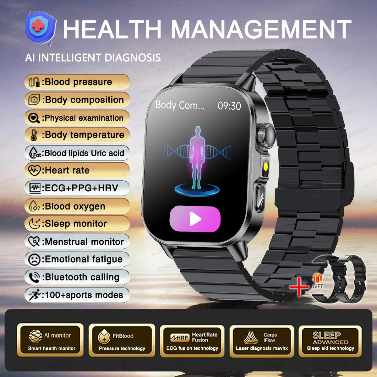 2026 Women’s Health Smartwatch – ECG & HRV, BP, SpO₂, Uric Acid & Bluetooth Call