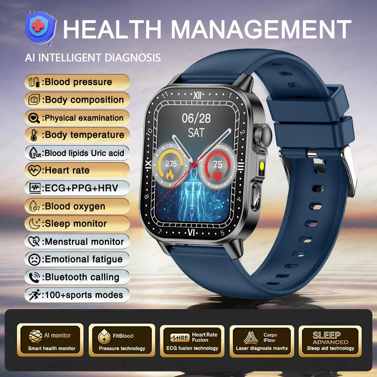 2026 Women’s Health Smartwatch – ECG & HRV, BP, SpO₂, Uric Acid & Bluetooth Call