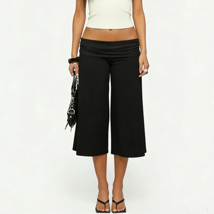 Women Fold Over Gaucho Pants | Low Rise Wide Leg Capri