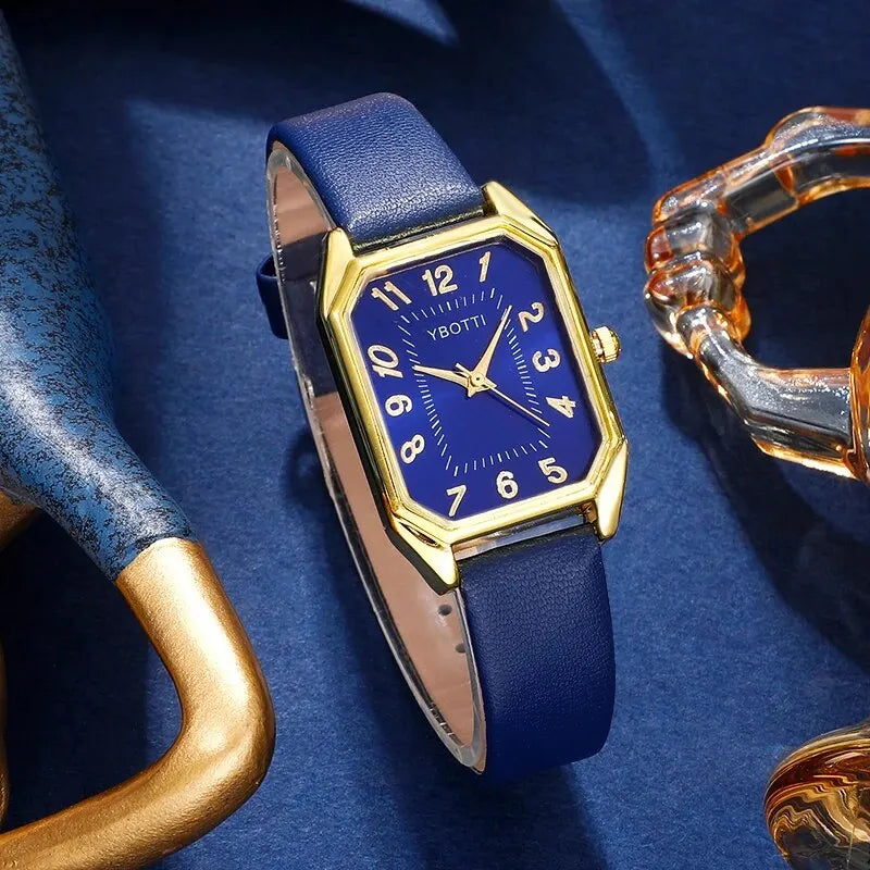 Luxury Women Wristwatch Blue Leather Band