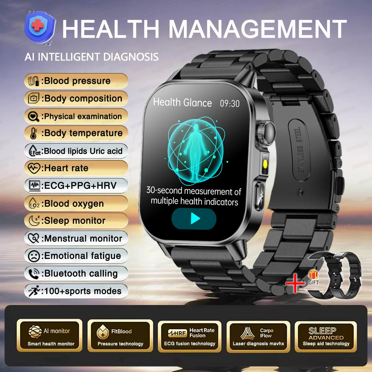 2026 Women’s Health Smartwatch – ECG & HRV, BP, SpO₂, Uric Acid & Bluetooth Call