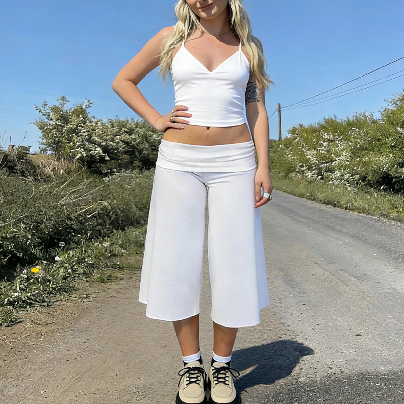 Women Fold Over Gaucho Pants | Low Rise Wide Leg Capri