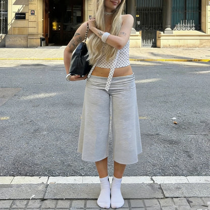 Women Fold Over Gaucho Pants | Low Rise Wide Leg Capri