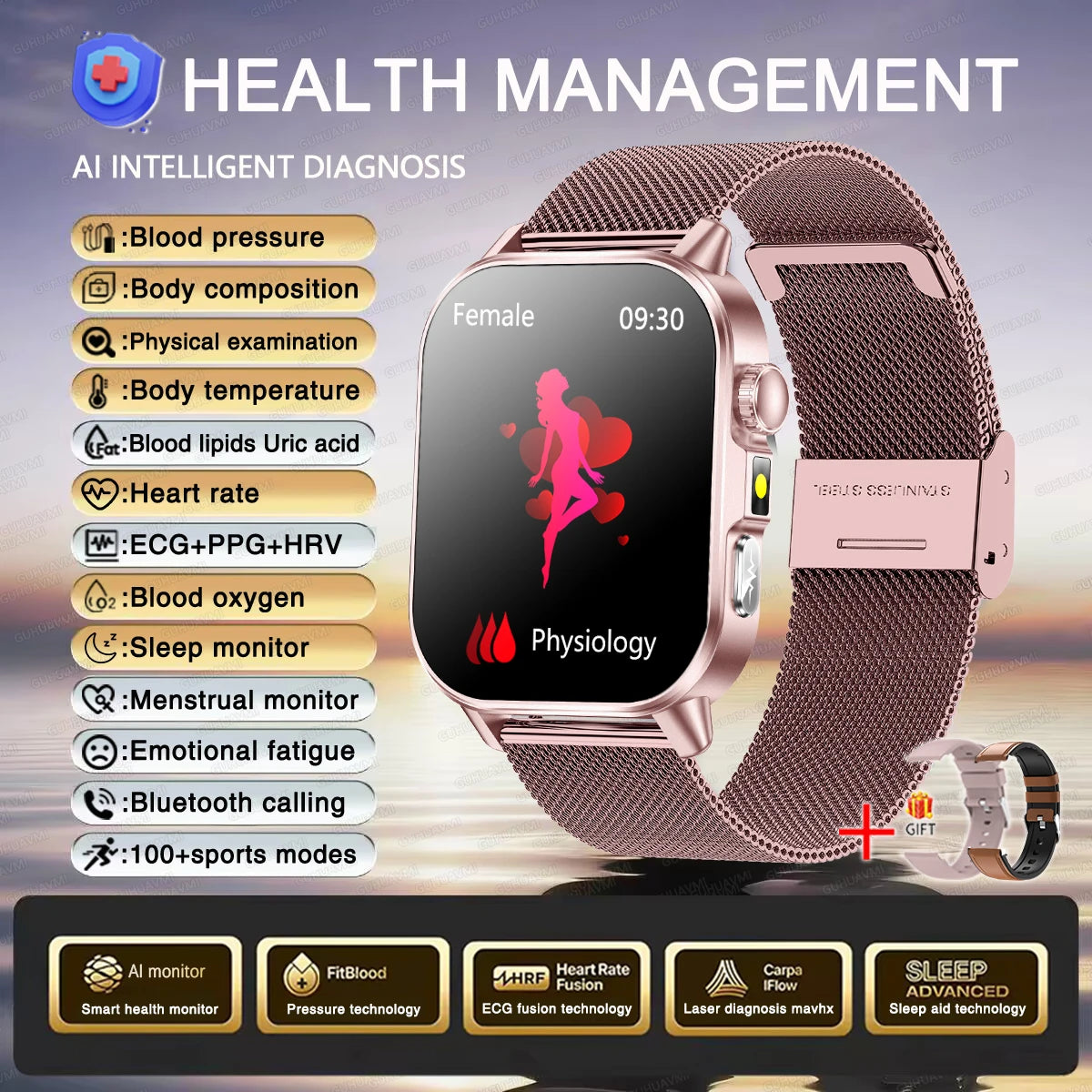 2026 Women’s Health Smartwatch – ECG & HRV, BP, SpO₂, Uric Acid & Bluetooth Call