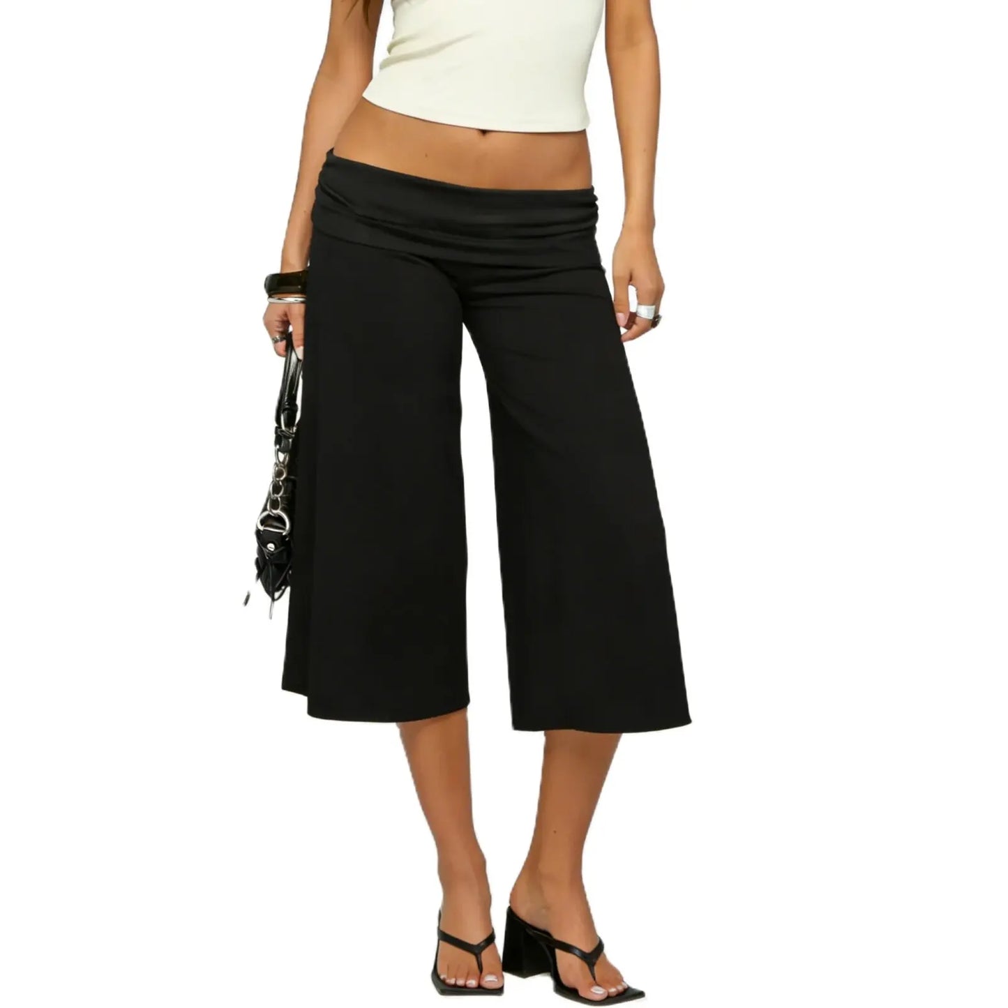 Women Fold Over Gaucho Pants | Low Rise Wide Leg Capri F
