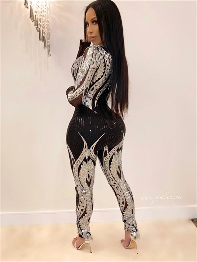 See through Sequin Long Sleeve Jumpsuit. - Maison Novaire #