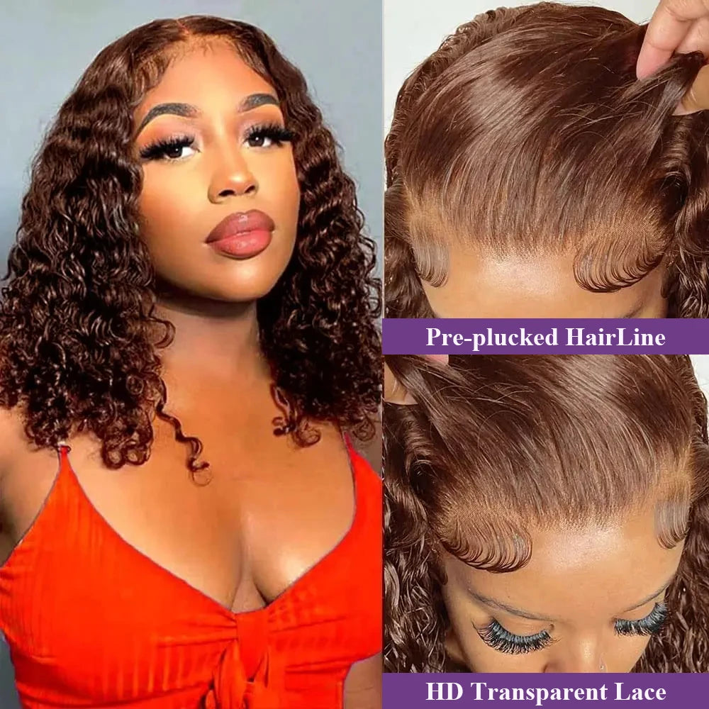 Dark Brown Bob Wigs Water Wave 200% Density