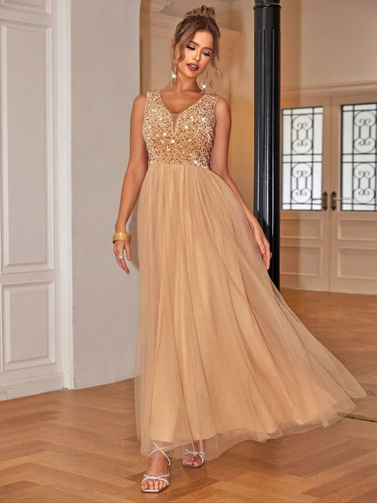 Sequin V-Neck Sleeveless Dress. - Maison Novaire
