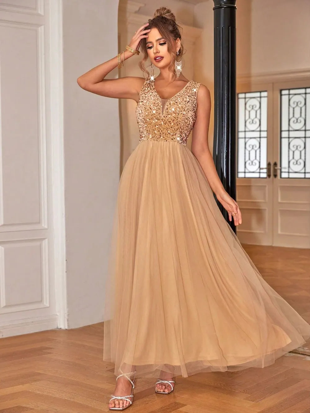 Sequin V-Neck Sleeveless Dress. - Maison Novaire #